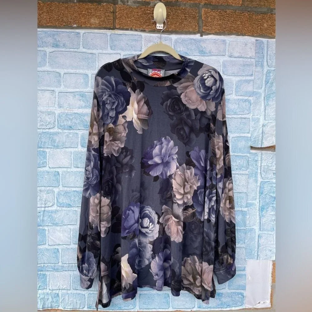 JOHNNY WAS GREY PEONY PUFF SLEEVE MOCK NECK TOP SIZE 3X